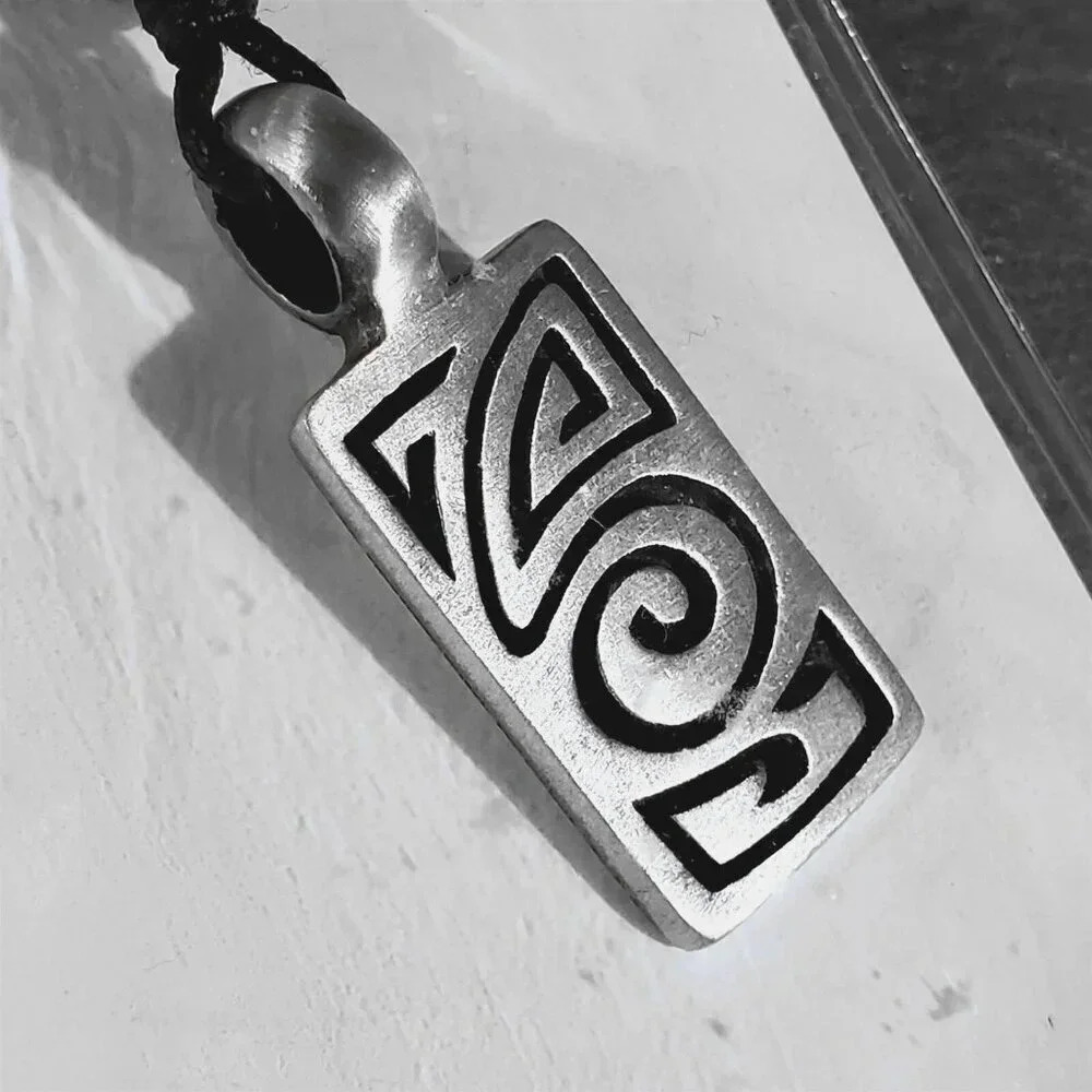 Thailand Antiqued Silver Carved Tribal Rectangle Fine Pewter Pendant Necklace